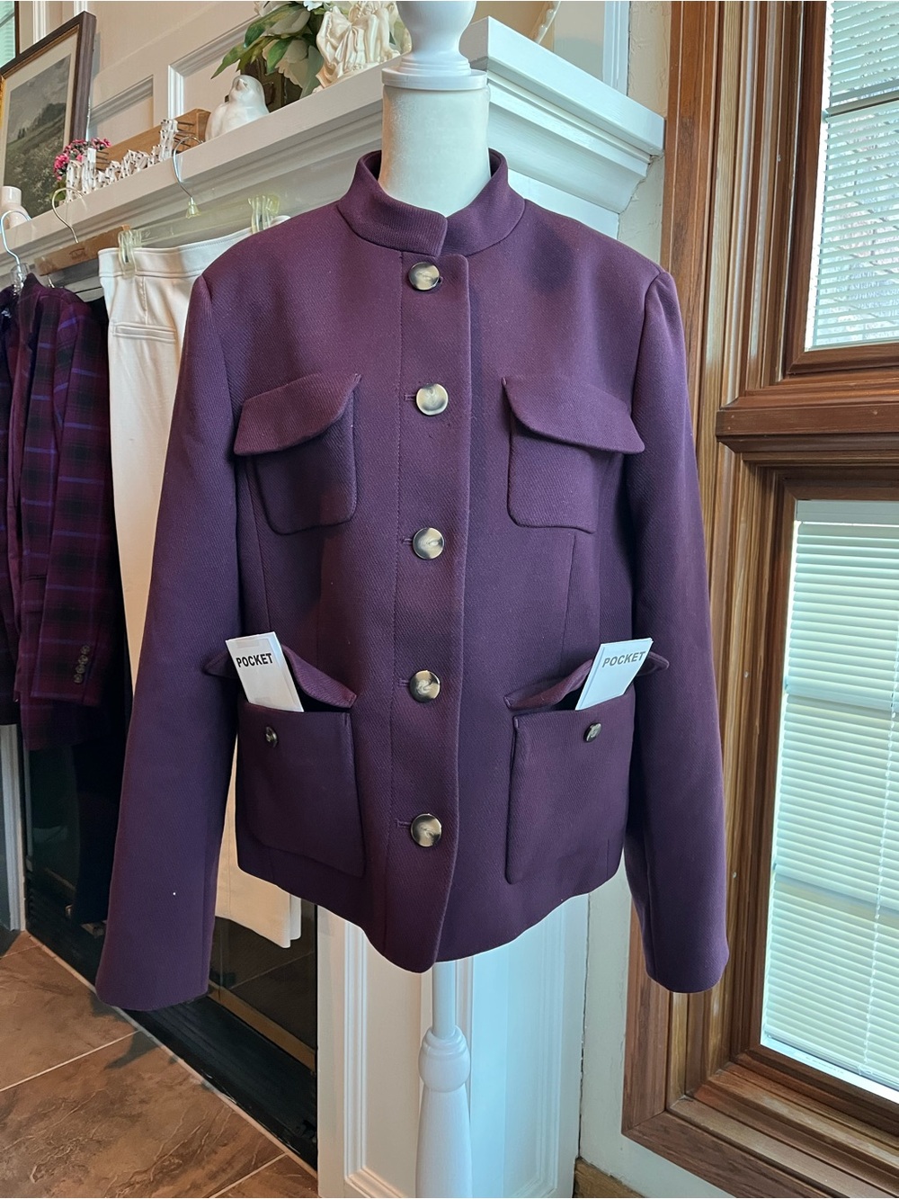 Ann Taylor Dark Plum Mock Neck Button-Front Jacket